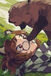  1girl animal animal_ear_fluff animal_ears brown_eyes brown_hair checkered_clothes closed_mouth doggo_1d34 futatsuiwa_mamizou glasses green_kimono highres japanese_clothes kimono leaf leaf_on_head raccoon_ears round_eyewear short_hair signature solo tanuki touhou upper_body 