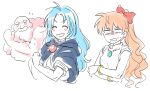  1boy 2girls bald blue_hair bow bracelet closed_eyes clouds flexing flying_sweatdrops grin hair_bow jewelry kesa kumoi_ichirin long_hair multiple_girls open_mouth orange_hair ponytail re_ghotion red_bow simple_background smile sweat touhou unzan white_background yorigami_jo&#039;on 