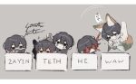  5boys animal_ears black_eyes black_hair blood book box chibi closed_mouth drawstring e.g.o_(project_moon) fox_ears fox_tail holding holding_book hood hood_down hooded_coat limbus_company multicolored_hair multiple_boys project_moon redhead rock_balancing satome_setsuko streaked_hair tail white_raincoat yi_sang_(project_moon) 