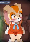  1girl animal_ears armchair blush body_fur brown_fur chair cream_the_rabbit dagasi dress eyelashes furry furry_female gloves highres on_chair orange_eyes rabbit_ears rabbit_girl red_dress short_dress sitting sleeveless sleeveless_dress smile sonic_(series) time_stop white_gloves 