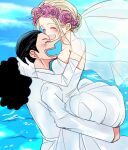  1boy 1girl alternate_costume black_hair blonde_hair closed_eyes commentary_request curly_hair dress facial_hair flower formal goatee hair_flower hair_ornament highres kaya_(one_piece) long_hair long_nose mike_(kuroneko1109) one_piece open_mouth outdoors pink_flower ponytail smile suit usopp wedding_dress 