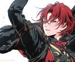  1boy alear_(fire_emblem) alear_(male)_(fire_emblem) arm_up black_cape cape crossed_bangs fire_emblem fire_emblem_engage hair_between_eyes highres looking_at_viewer male_focus open_mouth red_eyes redhead short_hair simple_background umi_(_oneinchswing) white_background 