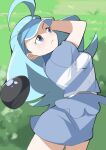  1girl 34_(sanjushi) ahoge blue_eyes blue_hair blue_headwear blue_skirt breasts collared_shirt flipped_hair golf_club holding holding_golf_club kahili_(pokemon) light_blue_hair long_hair medium_breasts mole mole_under_eye pokemon pokemon_sm shirt short_sleeves skirt solo striped_clothes striped_shirt 