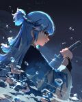  1girl artist_name blue_eyes blue_hair bubble earrings fian_f.n from_side glint highres holding holding_sword holding_weapon hololive hololive_indonesia jewelry katana kobo_kanaeru long_hair night night_sky profile serious sheath sky solo sparkle sword unsheathing upper_body virtual_youtuber water weapon 