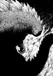  black_background claws commentary darkness english_commentary fire giant giant_monster godzilla godzilla_(series) greyscale highres horror_(theme) kaijuu long_tail looking_at_viewer monochrome monster no_humans scales spines tagme tail y_naf 