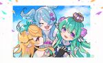  3girls black_gloves blonde_hair blue_hair blue_wings bow crown dddagneo elira_pendora elira_pendora_(1st_costume) finana_ryugu finana_ryugu_(1st_costume) flower frilled_sailor_collar frills gloves green_bow green_hair hair_bow hair_flower hair_ornament hair_over_one_eye head_wings lazulight long_hair mini_crown multiple_girls nijisanji nijisanji_en pointy_ears pomu_rainpuff pomu_rainpuff_(1st_costume) purple_flower red_eyes sailor_collar violet_eyes wings 