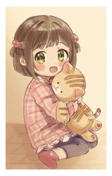  1girl aged_down blush bow brown_hair child commentary_request fang frilled_shirt frills green_eyes hair_bow highres holding holding_stuffed_toy idolmaster idolmaster_cinderella_girls looking_at_viewer maekawa_miku open_mouth shirt short_hair sitting smile socks solo stuffed_animal stuffed_cat stuffed_toy tori_ririisu two_side_up 