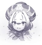  1girl @_@ fate/grand_order fate_(series) feathers greyscale hat highres kibinago_(kibinago614) locusta_(fate) looking_at_viewer monochrome parted_lips portrait short_hair simple_background sketch solo sweat tearing_up wavy_mouth 