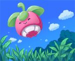  :&gt; bounsweet closed_eyes closed_mouth clouds commentary_request day from_below illustration_room_nagi no_humans outdoors pokemon pokemon_(creature) sky smile solo water_drop 