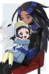  2girls :d black_gloves black_hair black_jacket black_pants blue_eyes blue_gloves blue_shirt blush chair closed_mouth dark-skinned_female dark_skin dress eyelashes geeta_(pokemon) gloves highres holding jacket long_hair long_sleeves lvetica multiple_girls open_mouth pants pantyhose pokemon pokemon_sv poppy_(pokemon) shirt shoes sitting sitting_on_lap sitting_on_person smile teeth tongue upper_teeth_only yellow_pantyhose 