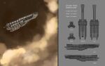  absurdres battlecruiser_(eve_online) clouds commentary concept_art english_text eve_online from_side highres military_vehicle minmatar_republic_(eve_online) modalmechanica multiple_views no_humans original outdoors reference_sheet science_fiction space spacecraft star_(sky) vehicle_focus 