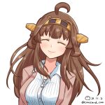  1girl ahoge breasts brown_hair closed_eyes collared_shirt commentary_request dated double_bun dress_shirt facing_viewer gold_hairband hair_bun hairband headgear jacket kantai_collection kongou_(kancolle) large_breasts long_hair official_alternate_costume pink_jacket shiromaru_(maniado) shirt smile solo striped_clothes striped_shirt twitter_username upper_body white_shirt 