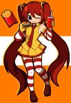  1girl absurdres arm_warmers blue_eyes burger cosplay cup disposable_cup food french_fries gloves hair_between_eyes hair_ribbon hatsune_miku highres holding holding_cup holding_food long_hair mcdonald&#039;s necktie one_eye_closed orange_background orazamige outline red_arm_warmers red_footwear red_necktie red_outline red_thighhighs red_trim redhead ribbon ronald_mcdonald ronald_mcdonald_(cosplay) shirt simple_background skirt solo striped_clothes striped_thighhighs thigh-highs twintails vocaloid white_arm_warmers white_background white_thighhighs yellow_gloves yellow_outline yellow_shirt yellow_skirt 