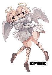  2girls angel angel_wings black_eyes blonde_hair blush cheek-to-cheek dress feathered_wings full_body gladiator_sandals grey_dress grey_wings halo heads_together highres hug juliet_sleeves kmnk_(kumanuko) long_sleeves looking_at_viewer multiple_girls open_mouth original puffy_sleeves sandals short_dress short_hair sketch smile wings 