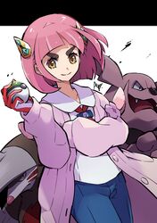  1girl ayo_(ayosanri009) brown_eyes buttons closed_mouth coat collared_shirt commentary_request excadrill eyelashes gloves granbull hair_ornament hairclip highres holding holding_poke_ball lacey_(pokemon) long_sleeves medium_hair nest_ball open_clothes open_coat pink_hair poke_ball pokemon pokemon_(creature) pokemon_sv red_gloves shirt signature smile white_shirt 