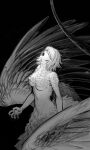  1girl bird_legs bird_wings breasts deerwhisky feathered_wings feathers greyscale hair_over_eyes highres monochrome monster_girl navel open_mouth short_hair wings 