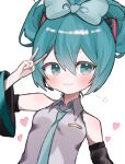  1girl :3 aqua_eyes aqua_hair aqua_nails aqua_necktie blush bow cinnamiku detached_sleeves grey_shirt hair_between_eyes hair_bow hair_ornament hatsune_miku heart highres maro_maro_3939 nail necktie shirt sleeveless solo star_(symbol) v vocaloid white_background 