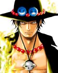 1boy black_hair black_headwear black_shirt close-up closed_mouth fire freckles jewelry kara_(acluf-0156) looking_at_viewer male_focus necklace one_piece open_clothes open_shirt portgas_d._ace shirt short_hair simple_background solo white_background 