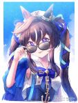  1girl :3 adjusting_eyewear anchor_ornament animal_ears bare_arms black-framed_eyewear blue_bow blue_bowtie blue_nails blue_ribbon blue_sky border bow bowtie brown_hair ear_covers glasses hair_ribbon hand_on_eyewear hat highres horse_ears horse_girl horse_tail ittokyu long_hair looking_at_viewer multicolored_hair removing_eyewear ribbon shirt sidelocks single_ear_cover sky solo tail tongue tongue_out twintails twitter_username umamusume violet_eyes vivlos_(umamusume) white_border white_hair white_headwear white_shirt 