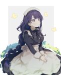 1girl alternate_costume apron black_dress braid breasts bug butterfly closed_mouth commentary_request dress enmaided frills genshin_impact highres juliet_sleeves long_hair long_sleeves maid maid_headdress mgmgramen mole mole_under_eye puffy_sleeves purple_hair raiden_shogun sitting solo very_long_hair violet_eyes white_apron 