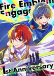 2boys alear_(fire_emblem) alear_(male)_(fire_emblem) blue_cape blue_eyes blue_hair cape closed_mouth crossed_bangs fire_emblem fire_emblem:_mystery_of_the_emblem fire_emblem_engage gloves hair_between_eyes highres holding holding_sword holding_weapon looking_at_viewer male_focus marth_(fire_emblem) multiple_boys open_mouth red_eyes redhead short_hair smile sword tiara weapon white_cape yutohiroya 