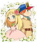  1boy 1girl baseball_cap belt blonde_hair blue_eyes blush bokujou_monogatari brown_belt brown_jumpsuit claire_(bokujou_monogatari) closed_mouth commentary_request dress expressionless eyelashes flower gray_(bokujou_monogatari) hair_flower hair_ornament hat jumpsuit long_hair long_sleeves looking_at_viewer orange_hair pink_dress pink_flower pink_rose posca rose short_hair sideways_glance simple_background sleeveless sleeveless_dress thick_eyebrows v-shaped_eyebrows white_background white_flower 