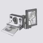  2girls chinese_commentary commentary_request dated film_strip greyscale highres kaze_imo monochrome multiple_girls ninegris nurse_robot_type_t photo_(object) picture_frame polaroid signature simple_background still_life utau 