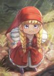  1girl bangle blonde_hair blush bracelet braid dragon_quest dragon_quest_xi dress from_above grass highres jewelry long_hair looking_at_viewer outdoors pout red_dress red_headwear sabakan_(sabasabakan0) shade solo sunlight twin_braids veronica_(dq11) violet_eyes 