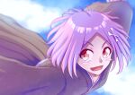  1girl :d black_kimono bleach blurry blush_stickers bone_hair_ornament close-up commentary_request day depth_of_field hair_ornament japanese_clothes kimono kusajishi_yachiru looking_at_viewer open_mouth outdoors pink_hair red_eyes short_hair smile solo sumire_1046 x_hair_ornament 