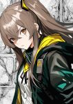  1girl black_jacket brown_eyes brown_hair girls_frontline hair_between_eyes highres jacket long_hair looking_at_viewer neckerchief open_clothes open_jacket scar scar_across_eye shirt side_ponytail sidelocks solo ump45_(girls&#039;_frontline) upper_body user_tcnp5525 white_shirt yellow_neckerchief 