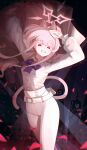  1girl absurdres akira_(blue_archive) animal_ears belt blue_archive blue_bow bonefire0909 bow cat_ears cat_tail colored_eyelashes extra_ears grin halo highres long_hair long_sleeves pants pink_hair pink_halo red_eyes shirt smile solo tail white_belt white_pants white_shirt 
