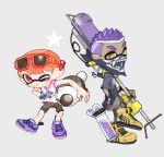  2boys closed_mouth cross-laced_footwear dark-skinned_male dark_skin e-liter_4k_(splatoon) eyewear_on_head full_body grey_background gun holding holding_gun holding_weapon ink_tank_(splatoon) inkling inkling_boy luna_blaster_(splatoon) multiple_boys neckerchief one_eye_closed orange_hair pointy_ears purple_footwear purple_hair red-framed_eyewear red_eyes shoes short_hair simple_background smile spiky_hair spl8ya splatoon_(series) splatoon_3 standing standing_on_one_leg sunglasses tentacle_hair weapon yellow_eyes 