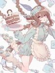  admire_vega_(umamusume) animal_ears apron artist_name blue_bow blue_jacket bow braid brown_hair cake commentary_request ear_covers falling food grey_socks hair_between_eyes hair_bow highres himawari_himuka holding holding_tray horse_ears horse_girl horse_tail jacket jersey_maid long_hair looking_at_viewer maid maid_apron open_mouth pill roller_skates single_ear_cover skates socks syringe tail tray twin_braids umamusume unconventional_maid violet_eyes white_background white_footwear 