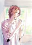  1boy absurdres blonde_hair brushing_teeth hair_down highres holding holding_toothbrush indoors looking_at_viewer male_focus messy_hair minato_(pixiv31986490) multicolored_hair niina_junpei redhead shirt short_hair short_sleeves solo streaked_hair tokimeki_memorial tokimeki_memorial_girl&#039;s_side_3rd_story toothbrush toothbrush_in_mouth upper_body white_shirt window 