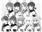  6+girls blunt_bangs blush_stickers bob_cut border character_name closed_mouth dress floating_headgear fubuki_(kancolle) greyscale hair_ribbon hatsuyuki_(kancolle) headgear kantai_collection long_hair miyuki_(kancolle) miyuki_kai_ni_(kancolle) monochrome multiple_girls murakumo_(kancolle) neckerchief open_mouth outside_border polka_dot polka_dot_background ponytail ribbon sailor_collar sailor_dress school_uniform serafuku shin_(shin_k009) shirakumo_(kancolle) shirayuki_(kancolle) shirt short_hair short_sleeves sidelocks thick_eyebrows tress_ribbon upper_body uranami_(kancolle) usugumo_(kancolle) v wavy_hair white_border 