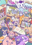  6+girls ahoge aloupeep_(enna_alouette) aquarium black_hair blonde_hair blue_eyes blue_hair book bow braid chibi choon_(cocochoobi) closed_eyes desk dragoon_(selen_tatsuki) elira_pendora enna_alouette finana_ryugu flower green_hair green_wings grey_hair hair_bow hair_over_one_eye highres long_hair lucie_(millie_parfait) millie_parfait monitor multiple_girls nijisanji nijisanji_en nina_kosaka one_eye_closed open_book open_mouth pencil pentomo_(petra_gurin) petra_gurin pikl_(elira_pendora) pink_eyes pink_hair pointy_ears pomu_rainpuff pomudachi_(pomu_rainpuff) poppi_(reimu_endou) purple_hair red_flower reimu_endou rosebud_(rosemi_lovelock) rosemi_lovelock ryuguard_(finana_ryugu) selen_tatsuki short_hair twin_braids vase violet_eyes virtual_youtuber wings yellow_flower 