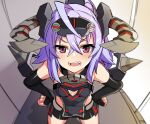  baphogridr_girl bare_shoulders blue_hair blurry blurry_background blush breasts cosmic_break detached_sleeves fangs hands_on_own_hips horns looking_at_viewer mecha_musume open_mouth short_hair short_shorts shorts sidelocks small_breasts tsukinami_kousuke violet_eyes 