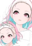  1girl alternate_hairstyle aqua_hair closed_mouth forehead hand_up highres idolmaster idolmaster_cinderella_girls kakki_(kackie) looking_to_the_side medium_hair multicolored_hair multiple_views open_mouth pink_eyes pink_hair shirt simple_background sketch solo two-tone_hair upper_body v-shaped_eyebrows white_background white_shirt yumemi_riamu 