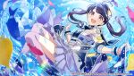  1girl black_hair boots commentary_request fangs fukumaru_koito gloves idolmaster idolmaster_shiny_colors long_hair looking_at_viewer official_art open_mouth purple_skirt purple_thighhighs skin_fangs skirt solo splashing swept_bangs thigh-highs twintails violet_eyes water white_gloves 