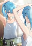  1girl absurdres adjusting_hair armpits arms_up bar_soap bathroom black_hair blue_eyes blue_hair bottle highres hololive hoshimachi_suisei manjirou_(manji_illust) mirror multicolored_hair nightgown plant ponytail reflection sink soap soap_bottle solo star_(symbol) star_in_eye streaked_hair symbol_in_eye toothbrush toothbrush_in_mouth virtual_youtuber white_nightgown 