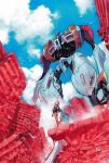  1girl anita_marr bird black_jacket blonde_hair bodysuit clouds comic_cover cover_image dawnrunner dike_ruan flying from_below highres jacket mecha official_art one-eyed orange_bodysuit red_eyes robot ruins science_fiction short_hair sky 