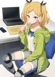  1girl absurdres blonde_hair candy collarbone computer desk food green_sweater grey_eyes grey_shorts grey_thighhighs hair_ornament hairclip highres holding holding_candy holding_food holding_lollipop hood hooded_sweater laptop lollipop mole mole_under_eye parted_bangs shirobako shirt short_hair short_twintails shorts simple_background sitting solo sonoda_345 striped_clothes striped_thighhighs sweater swivel_chair thigh-highs twintails white_background white_shirt yano_erika 