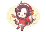  1girl :3 black_hair blush brown_hair chibi chicken_(food) christmas double_bun food full_body fur_trim hair_bun hair_ornament hairclip hat highres holding holding_food kantai_collection long_hair long_sleeves makinami_(kancolle) multicolored_hair nada_namie official_alternate_costume open_mouth pleated_skirt santa_hat signature simple_background skirt solo sparkle thigh-highs 