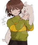  1other animal animal_ears animal_nose annoying_dog blush brown_hair brown_shorts chara_(undertale) dog dog_ears dog_tail english_text green_sweater grey_eyes hair_between_eyes hands_up long_sleeves looking_at_another n8o1y2u open_mouth puffy_long_sleeves puffy_sleeves short_hair shorts simple_background single_stripe smile standing striped_clothes striped_sweater sweatdrop sweater tail teeth tongue tongue_out turtleneck turtleneck_sweater undertale v-shaped_eyebrows white_background white_fur 