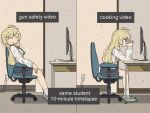  1girl blonde_hair chair closed_eyes commentary english_commentary grey_skirt highres keyboard_(computer) long_hair meme monitor mouse_(computer) office_chair open_mouth own_hands_clasped own_hands_together parisetya pleated_skirt sailor same_student_timelapse_(meme) shoes shoujo_shuumatsu_ryokou skirt sleeping smile socks swivel_chair white_socks yuuri_(shoujo_shuumatsu_ryokou) 