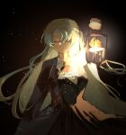  1girl angela_(project_moon) arm_up ascot black_skirt black_vest blue_coat blue_hair closed_mouth coat collared_shirt cowboy_shot fire highres holding holding_lantern jellying lantern library_of_ruina lobotomy_corporation long_hair long_sleeves one_side_up parted_bangs parted_lips project_moon shirt sketch skirt solo very_long_hair vest white_ascot white_shirt 