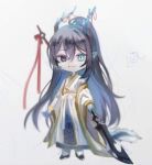  1boy black_eyes black_footwear black_hair blue_eyes chinese_clothes closed_mouth coat dragon_ears dragon_horns dragon_tail e.g.o_(project_moon) full_body gold_trim guan_dao hanfu heterochromia holding holding_polearm holding_weapon hong_lu_(project_moon) horns huanxue limbus_company long_hair long_sleeves looking_at_viewer pointy_ears polearm project_moon shoes simple_background smile solo tail very_long_hair weapon white_background white_coat wide_sleeves 