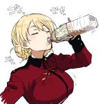  blonde_hair bottle braid closed_eyes darjeeling_(girls_und_panzer) drink dripping girls_und_panzer henriiku_(ahemaru) holding holding_bottle pinky_out shirt st._gloriana&#039;s_military_uniform tea wet wet_clothes wet_shirt 