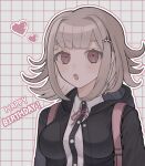  1girl :o black_jacket blunt_bangs blush breasts brown_hair collared_shirt danganronpa_(series) danganronpa_2:_goodbye_despair flipped_hair galaga grey_background hair_intakes hair_ornament happy_birthday heart highres hood jacket large_breasts long_sleeves looking_at_viewer medium_hair michi_(michiisidayo) nanami_chiaki neck_ribbon open_clothes open_jacket outline pink_eyes ribbon shirt solo white_outline white_shirt 