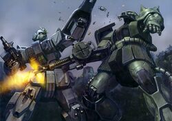  aiming artist_request attack battle battle_damage damaged firing ground_gundam gun gundam gundam_08th_ms_team highres holding holding_gun holding_shield holding_weapon incoming_attack machine_gun mecha mobile_suit no_humans official_art robot shield v-fin weapon zaku_ii zaku_machingun 